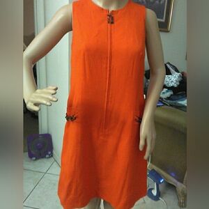 VINTAGE JACKIE BERNARD LINEN BLEND Orange Mini Dress SZ. 8P? TURTLE SHELL BUCKLE